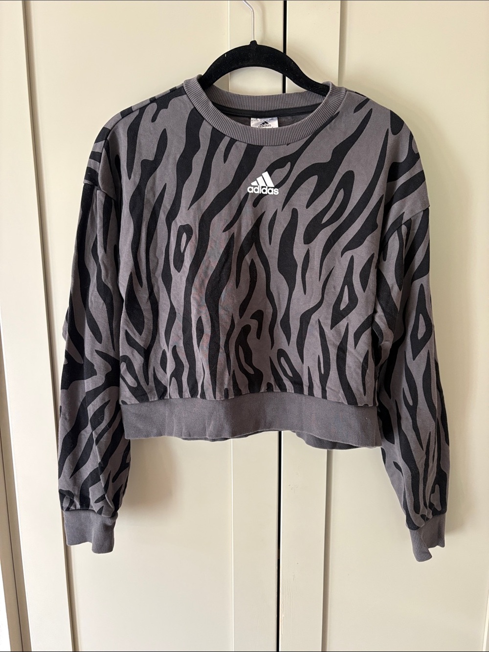 adidas Gray and Black Zebra-Print Cropped Crewneck Sweatshirt